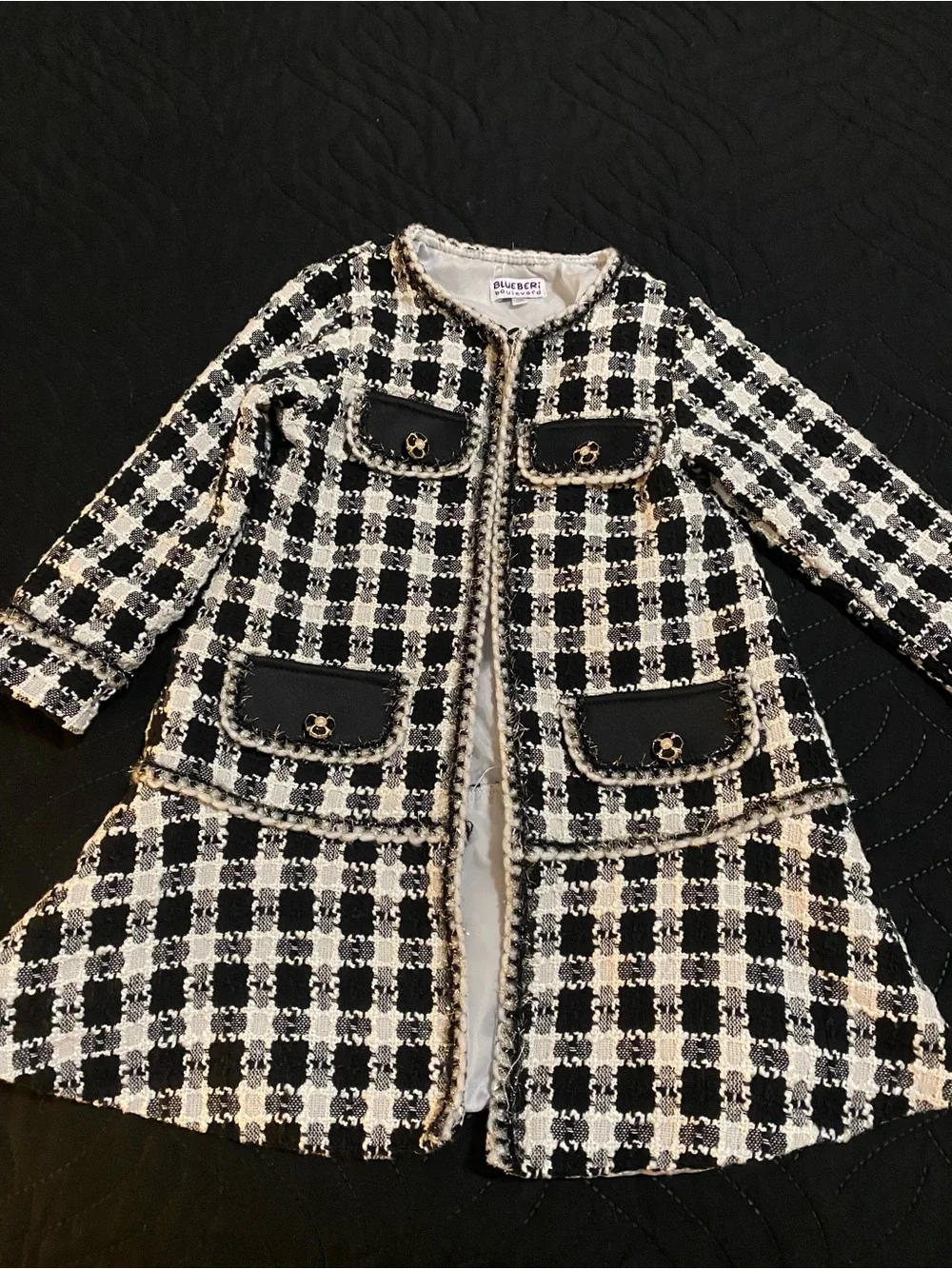Blueberi Boulevard Girls 3T Black White Silver Trim Tweed Check Print Open Coat